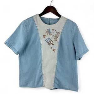 Vintage City Girl Petites Denim Embroidered Shirt Top 10 Cottagecore 80s 90s